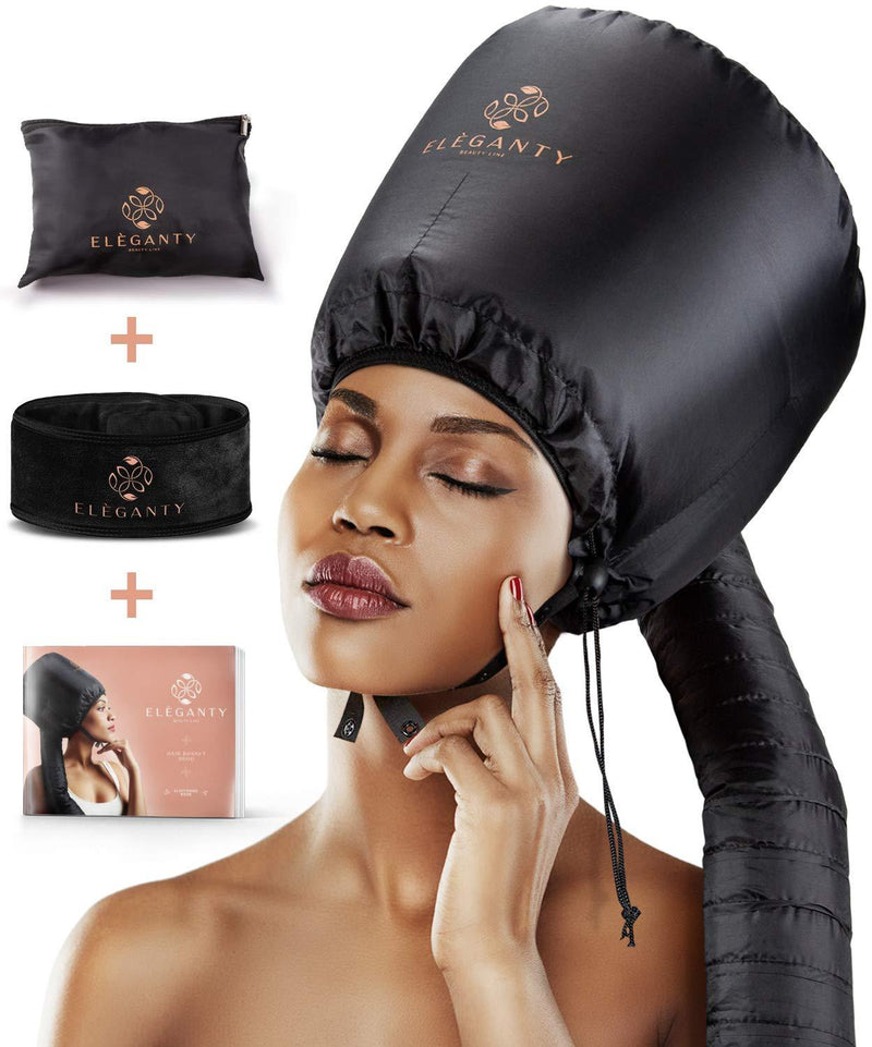 [Australia] - Eleganty Soft Bonnet Hood Hairdryer Attachment with Headband that Reduces Heat Around Ears and Neck to Enjoy Long Sessions - Used for Hair Styling, Deep Conditioning and Hair Drying (Black) Black 