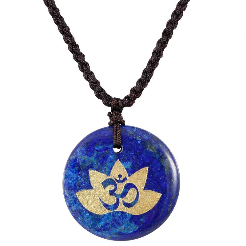 [Australia] - SUNYIK Crown Chakra Engraved Round Stone Amulet Pendant Necklace, Adjustable Wave Necklaces for Unisex #1-lapis lazuli stone 