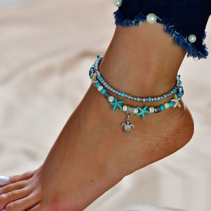 [Australia] - Zoestar Boho Starfish Turtle Anklet Ankle Bracelet Beaded Foot Accessories Double Layer Jewelry for Women and Girls(Silver/1Pc) 