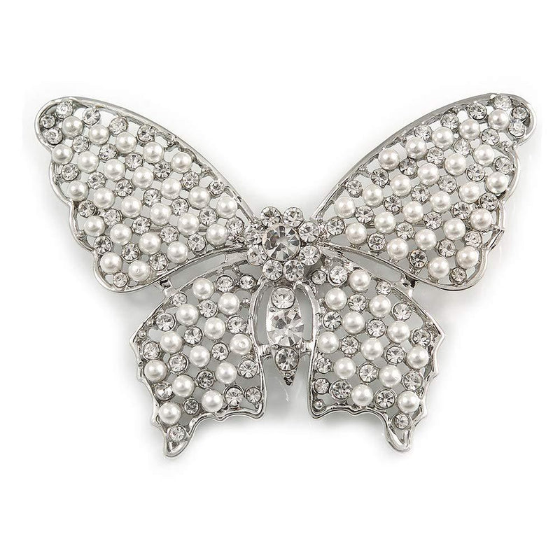 [Australia] - Avalaya Large Faux Glass Pearl, Clear Crystal Butterfly Brooch in Rhodium Plating - 70mm Across 