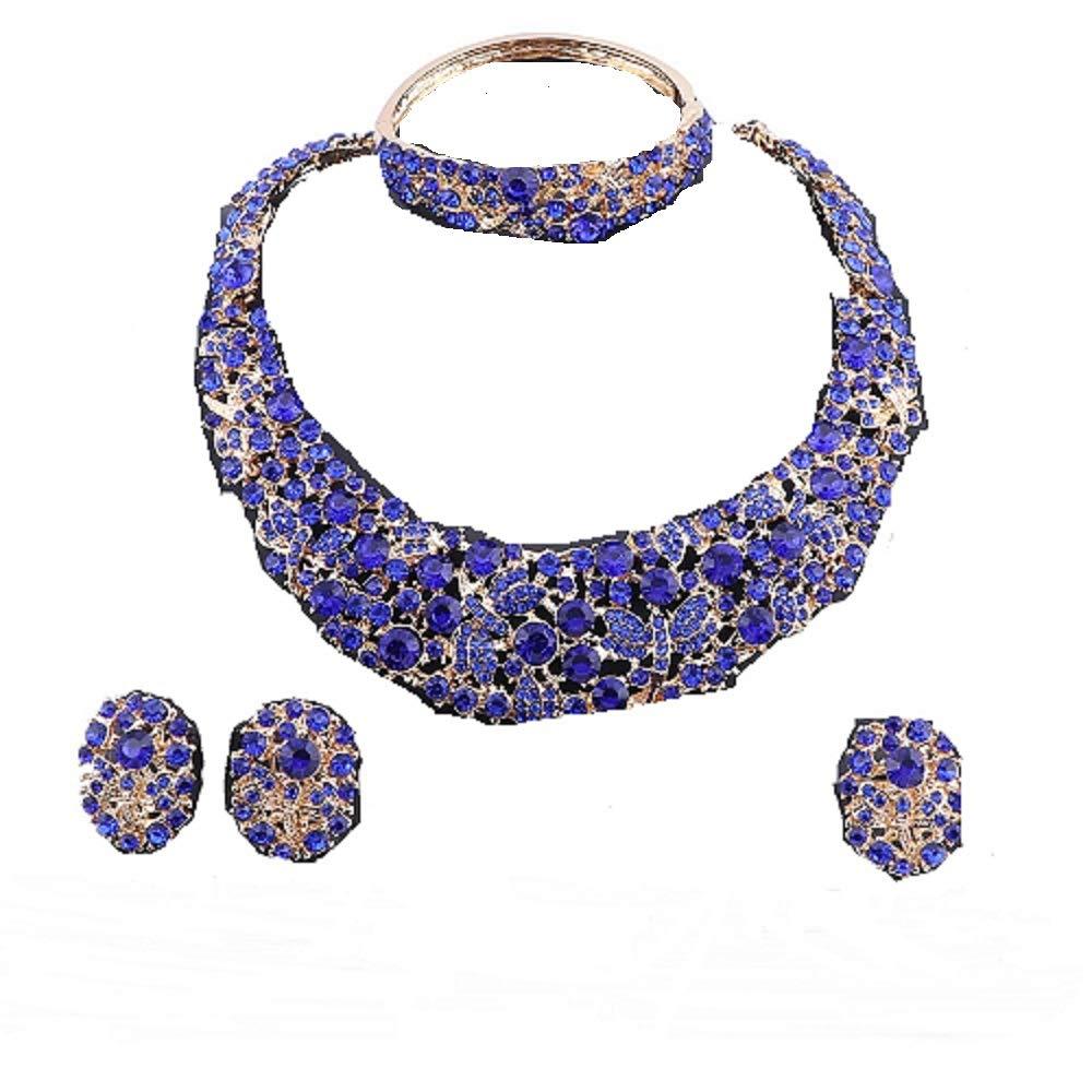 [Australia] - OUHE Jewelry Sets for Women Crystal Inlay Necklace Earrings Ring Bracelet Bridesmaid Costume Show Wedding Gold Blue 