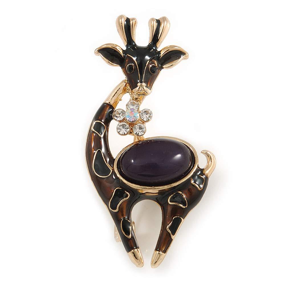 [Australia] - Avalaya Small Brown/Black Enamel Crystal Giraffe Brooch in Gold Tone Metal - 48mm Tall 