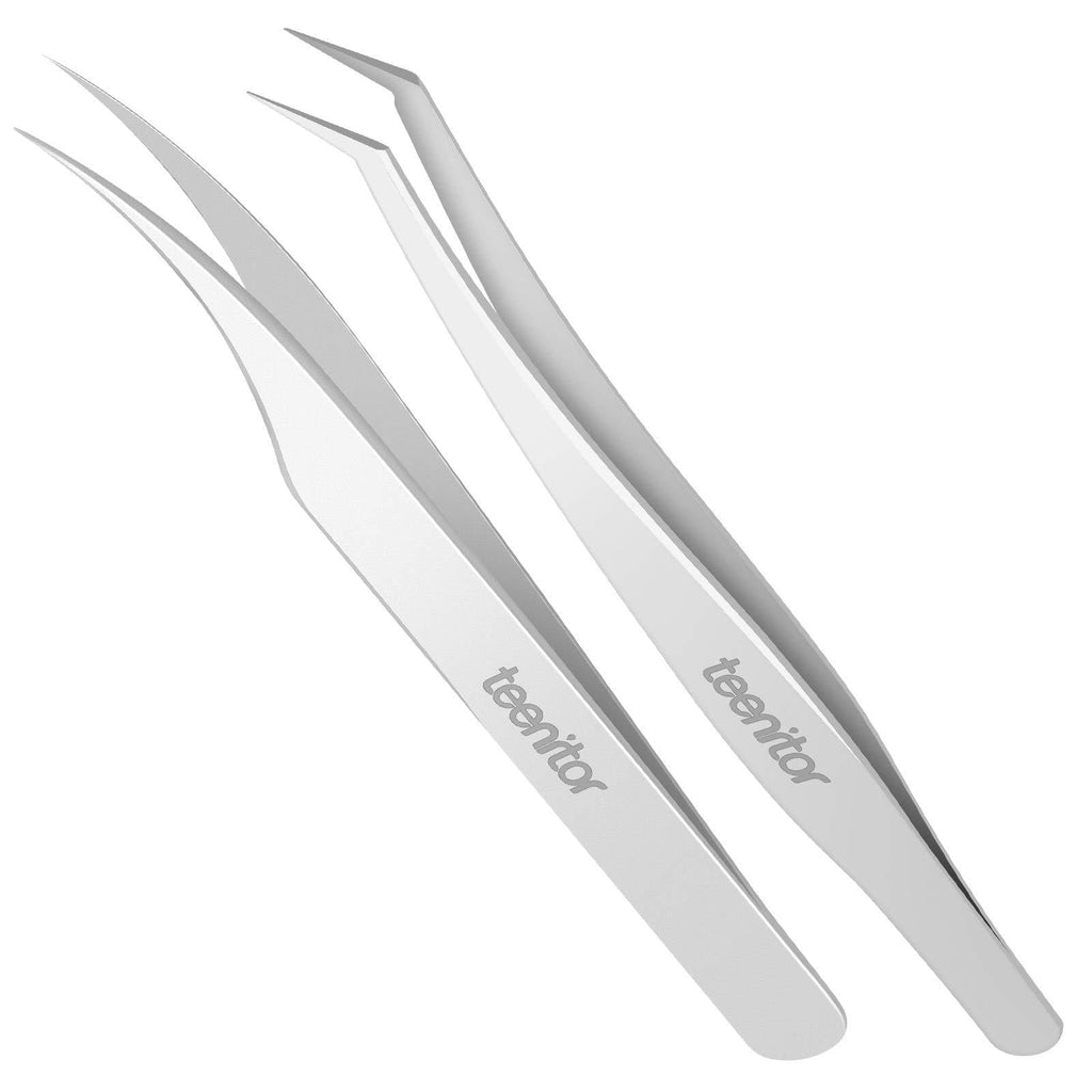 [Australia] - 2 Pieces Eyelash Extensions Tweezers, Teenitor Professional Stainless Steel Precision Tweezers set with Dolphin-shaped and Curved Pointed Tip Tweezers Nipper for lash Extensions 