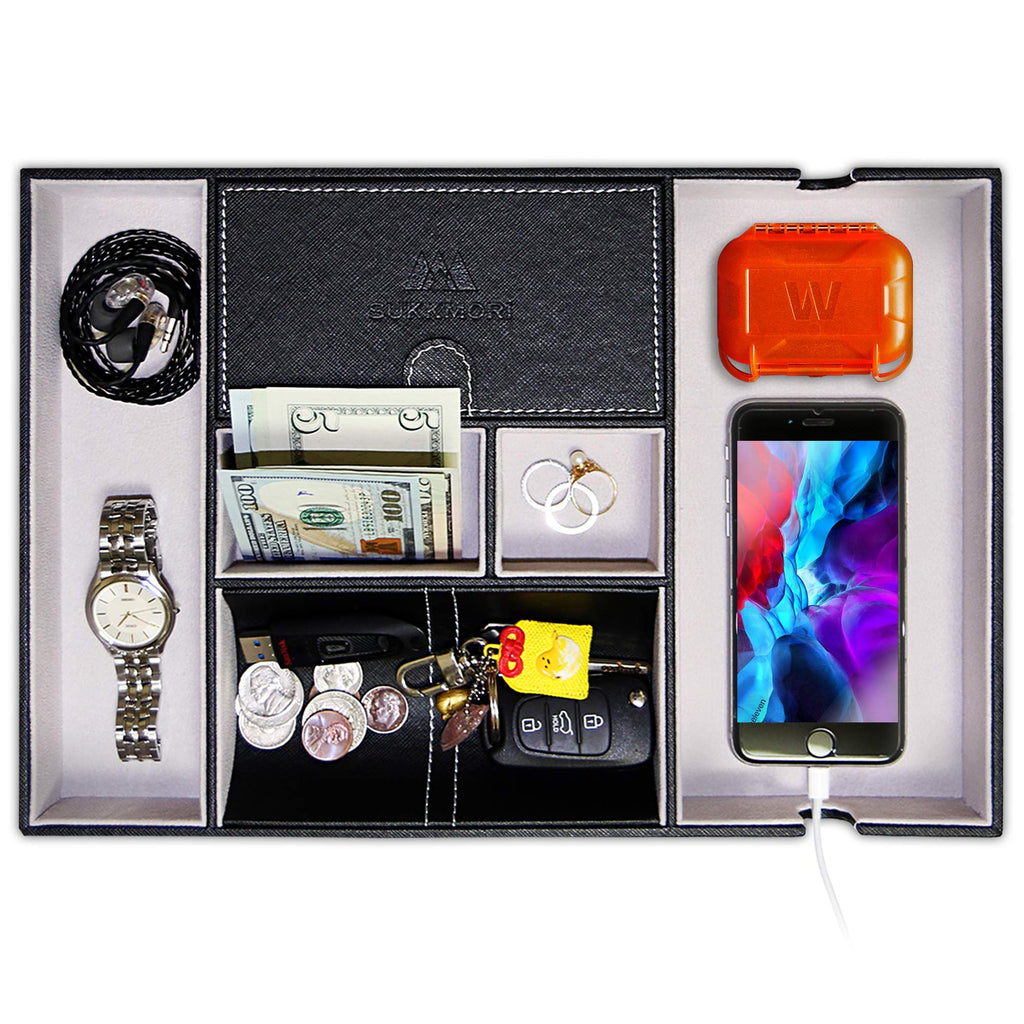 [Australia] - SUKKMORI Valet Tray Nightstand Organizer - Dresser Organizer for Men and Women - EDC PU Leather Key Tray - Desk Organizer for Jewelry with Charging Station - Bedside Catchall Tray for Accessaries 