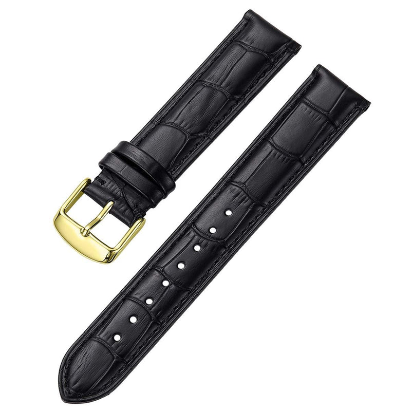 [Australia] - iStrap Leather Watch Band Alligator Grain Calfskin Replacement Strap Stainless Steel Buckle Bracelet for Men Women-18mm 19mm 20mm 21mm 22mm 24mm-Black Brown 18mm Black-Gold Buckle 