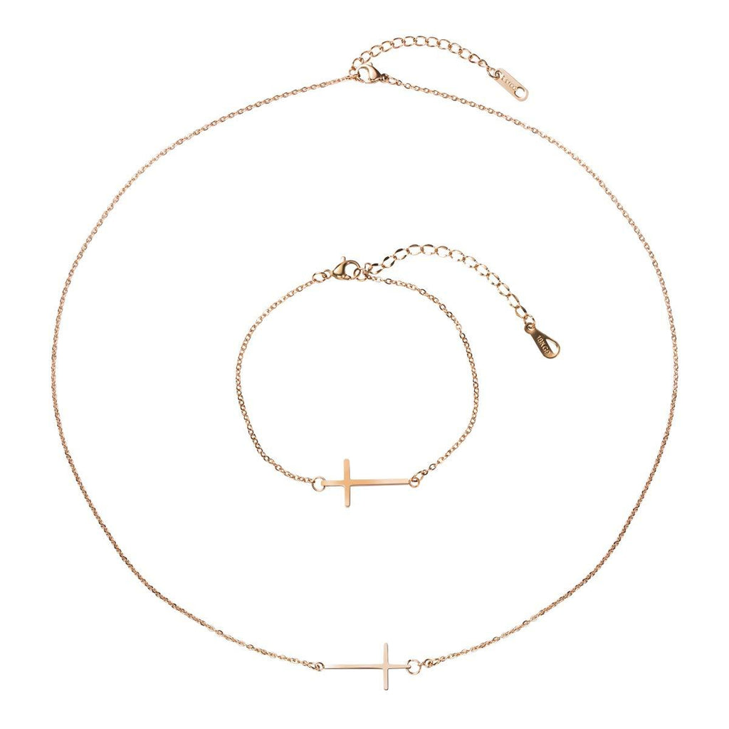 [Australia] - NASAMA Stainless Steel Sideways Cross Pendant Necklace Religious Cross Bracelet Adjustable Jewelry Set Rose gold 