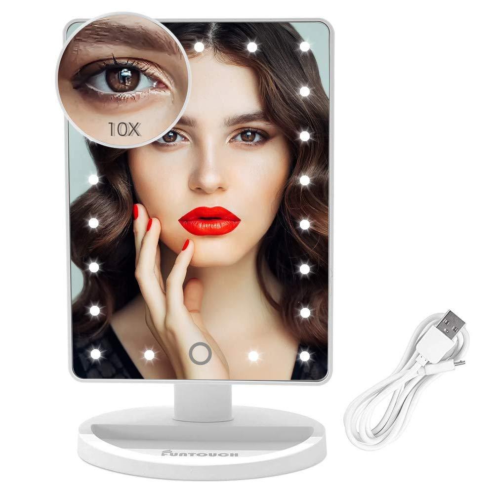 [Australia] - Vanity Lighted Makeup Mirror with 21 Led Lights Dual Power Supply, Cosmetic Desk Table Makeup Mirror with Detachable 10X Magnification, Touch Screen Light Adjustable Dimmable 180° Rotation(White) White 2 