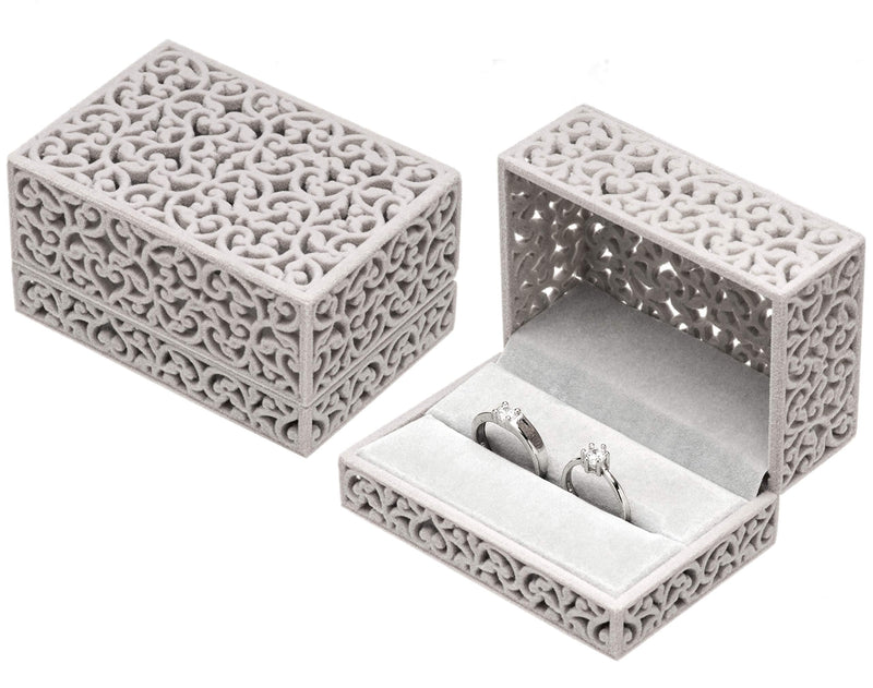 [Australia] - Hollow Velvet Ring Box Velvet Jewelry Box for Rings Couple Double Ring Bearer Box Engagement Gift Hollow Gray 