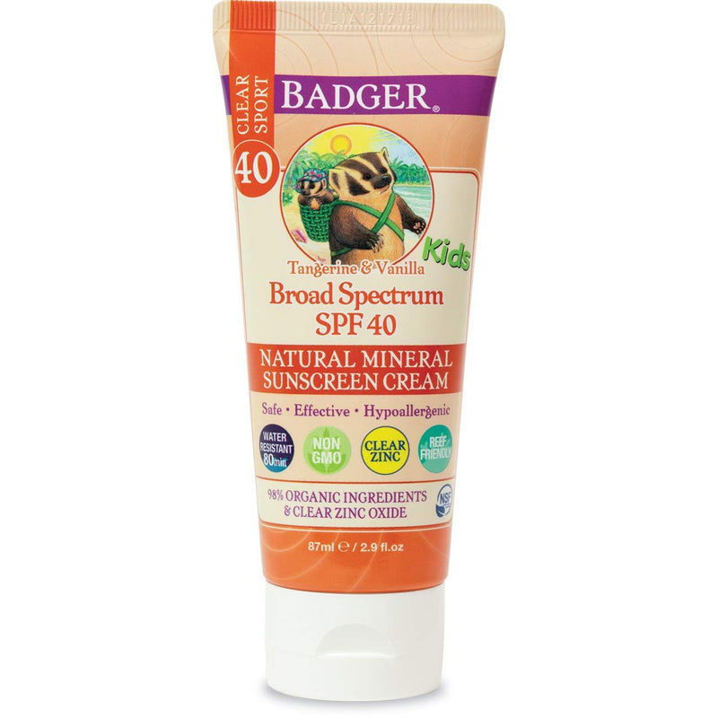 [Australia] - Badger - SPF 40 Kids Clear Sport Sunscreen Cream with Zinc Oxide for Face & Body, Broad Spectrum & Water Resistant Reef Safe Sunscreen, Natural Mineral Sunscreen, 2.9 fl oz 
