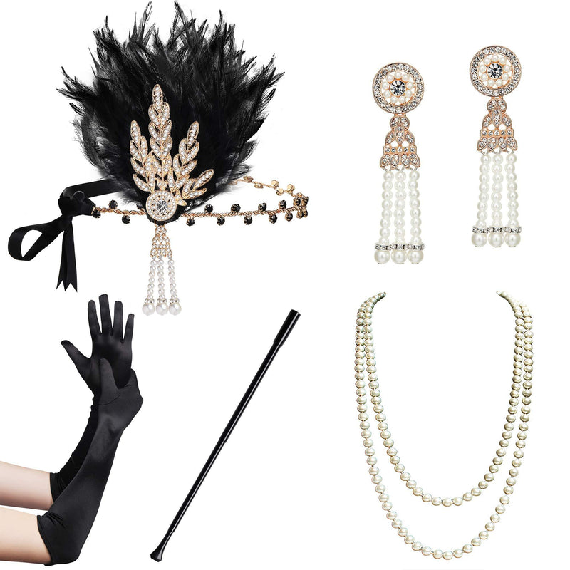 [Australia] - BABEYOND 1920s Flapper Gatsby Costume Accessories Set 20s Flapper Headband Pearl Necklace Gloves Cigarette Holder (Flapper set-2) Flapper set-2 