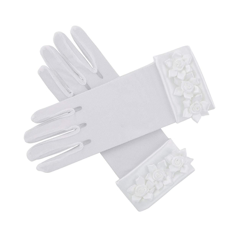[Australia] - Girl's White First Holy Communion or Flower Girl Gloves with Rosebuds, Medium 