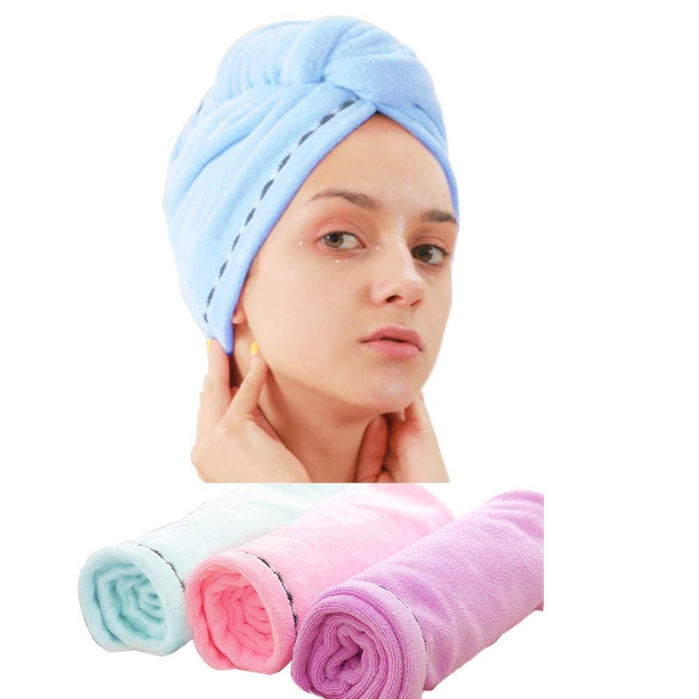 [Australia] - 3 Pack Microfiber Hair Towel Wrap BEoffer Super Absorbent Twist Turban Fast Drying Hair Caps with Buttons Bath Loop Fasten Salon Dry Hair Hat Pink Blue Purple 
