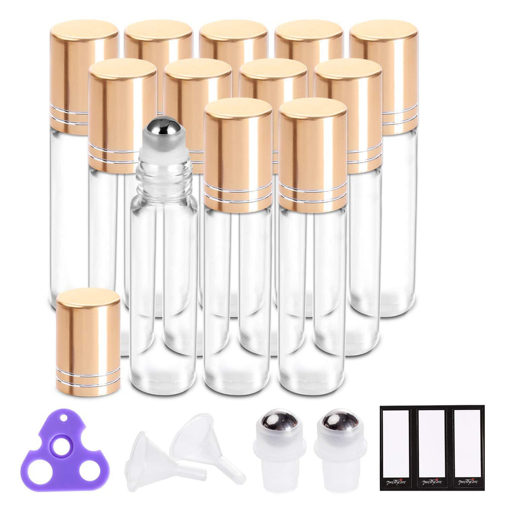 [Australia] - Essential Oil Roller Bottles 10ml ( Clear Glass Bottle with Gold Cap, 12 Pack, 2 Extra Stainless Steel Balls, 24 Labels, Opener, Funnels by PrettyCare) Roller Balls for Oils, Roller on Bottles 12 Pack Gold 