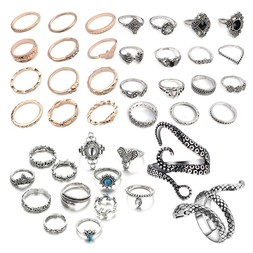 [Australia] - NNIOV 41Pc Fashion Boho Knuckle Rings Set for Women Girls Men, Vintage Retro Crystal Bohemian Midi Rings, Joint Nail Band Cuff Toe Statement Finger Rings, Snake Octopus Elephant Feather (41 Pcs a set) 