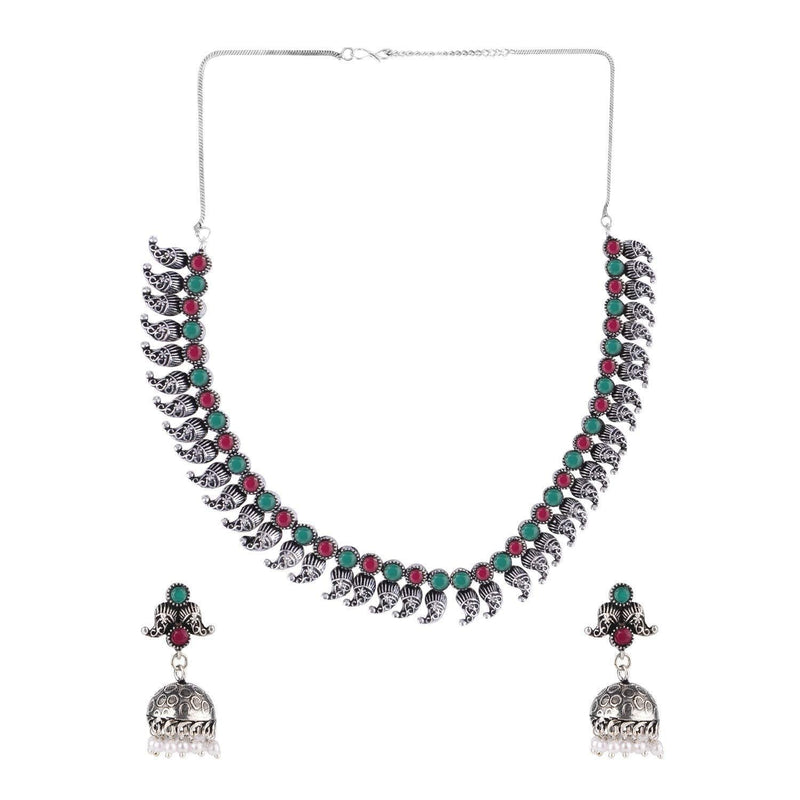 [Australia] - Efulgenz Boho Vintage Antique Ethnic Gypsy Indian Oxidized Silver Crystal Cubic Zirconia Bridal Necklace Earrings Jewelry Set Pink,Green 
