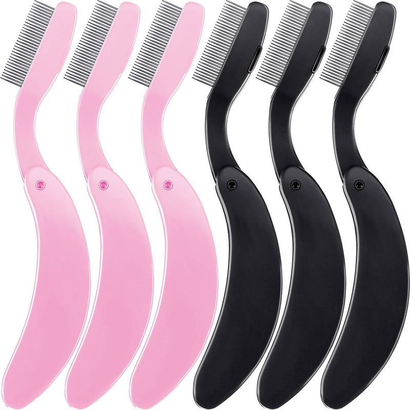 [Australia] - TecUnite Folding Eyelash Comb, Stainless Steel Teeth Eyebrow Comb Lash and Brow Makeup Brush (3 Black and 3 Pink) 