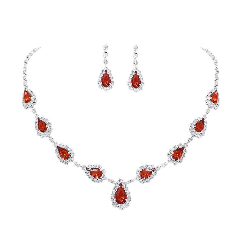 [Australia] - UDORA Silver Blue Red Teardrop Necklace Earrings Jewelry Set Wedding Party Prom 