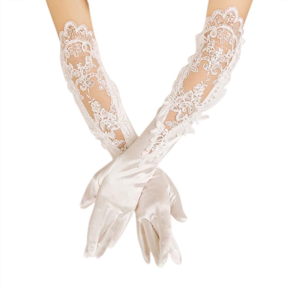 [Australia] - Elegant Satin Lace Gloves Long Bridal Gloves for Bride Flower Girls Women Wedding Prom Party 