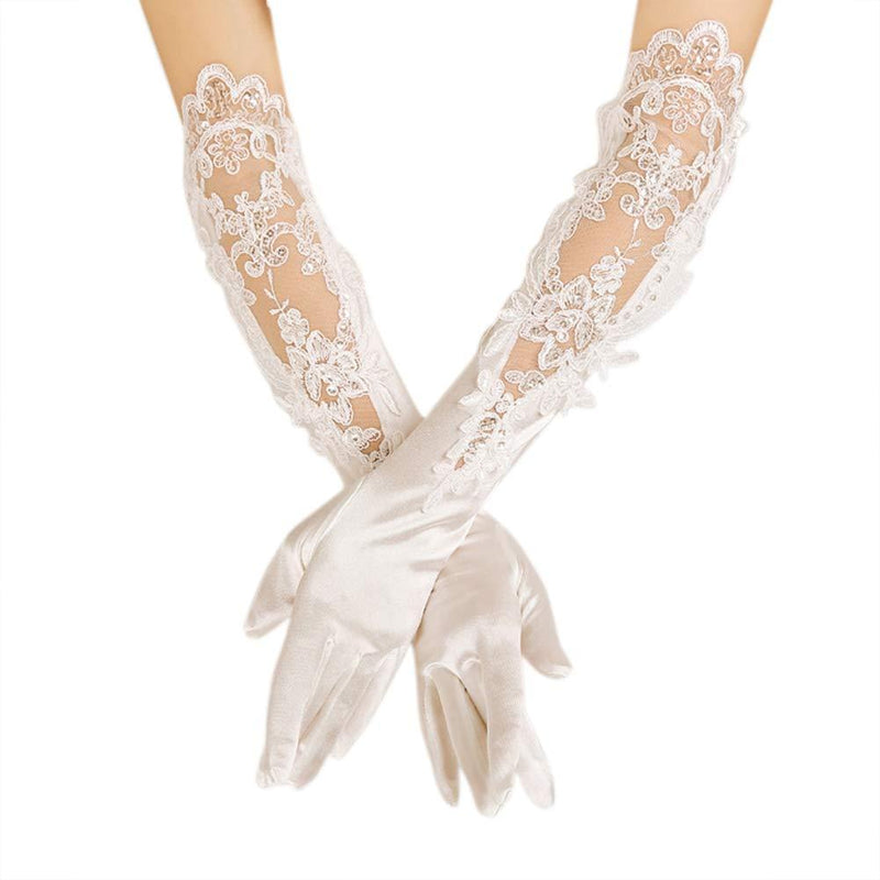 [Australia] - Elegant Satin Lace Gloves Long Bridal Gloves for Bride Flower Girls Women Wedding Prom Party 