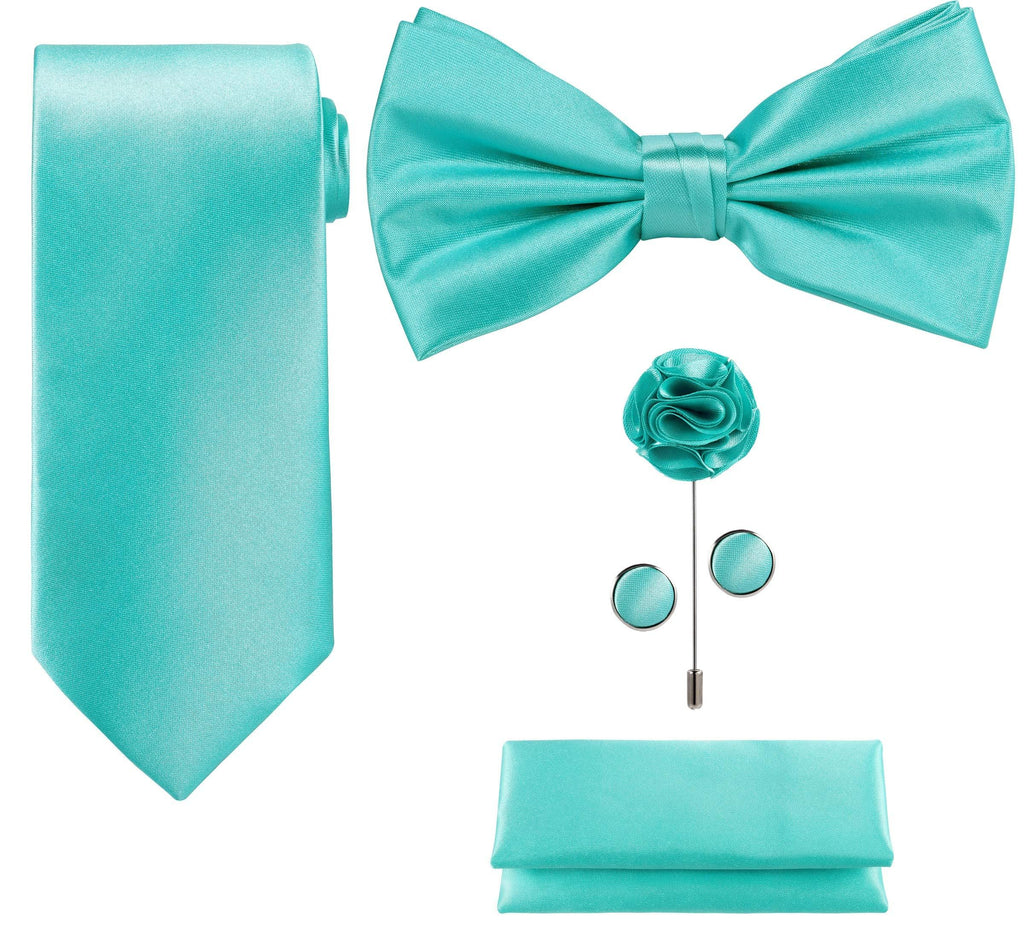[Australia] - TIE G 5pcs Tie Set in Gift BOX WHITE OR BLACK: Solid Color Necktie, Satin Bow Tie, Pocket Square, Lapel, Cuff Links A-aqua 