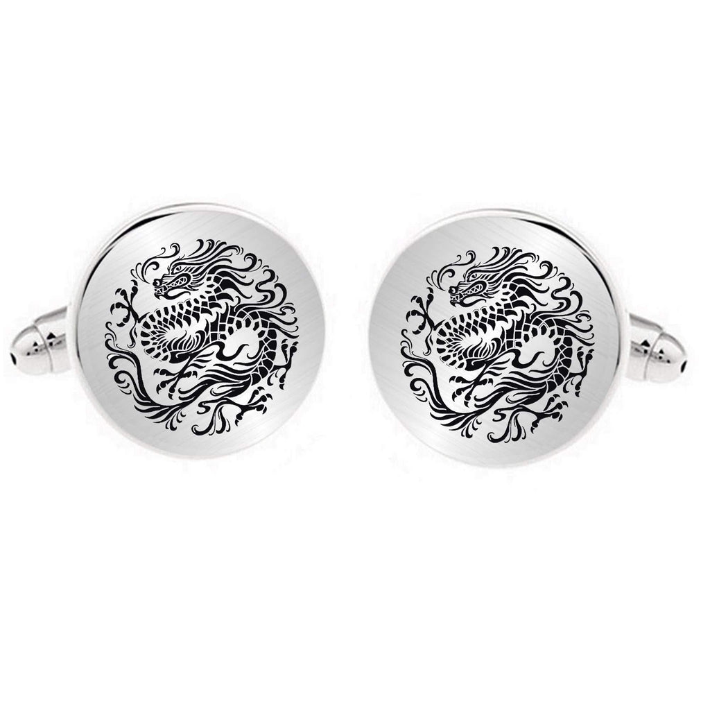 [Australia] - Kooer Personalized Engraved Chinese Dragon Cuff Links Tie Clip Set Engrave Black Dragon Cufflinks Gift for Men 