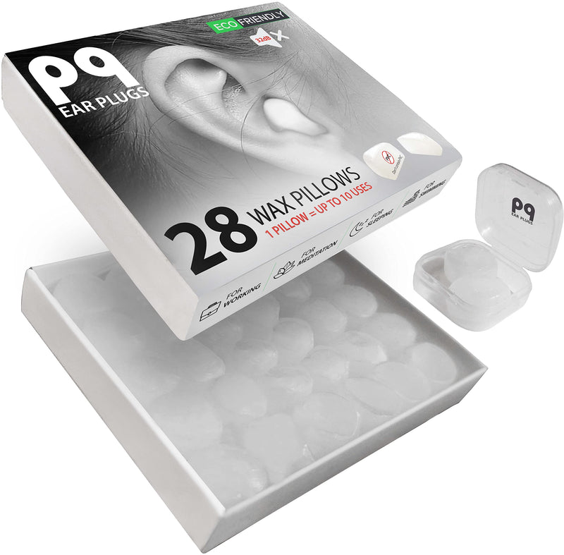 [Australia] - PQ Wax Ear Plugs for Sleep - 28 Silicone Wax Earplugs for Sleeping and Swimming - Gel Ear Plugs for Noise Cancelling & Ear Protection - Sleeping Earplugs with Sound Blocking Level 32 Db, 28 Pillows 