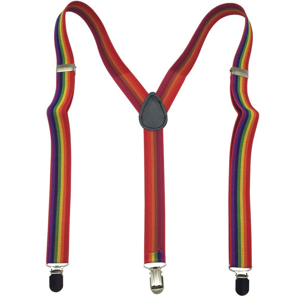 [Australia] - Mens Womens Skinny Y-Back Adjustable Elastic Suspenders Pure Color Striped Shoulder Strap Rainbow Stripe 