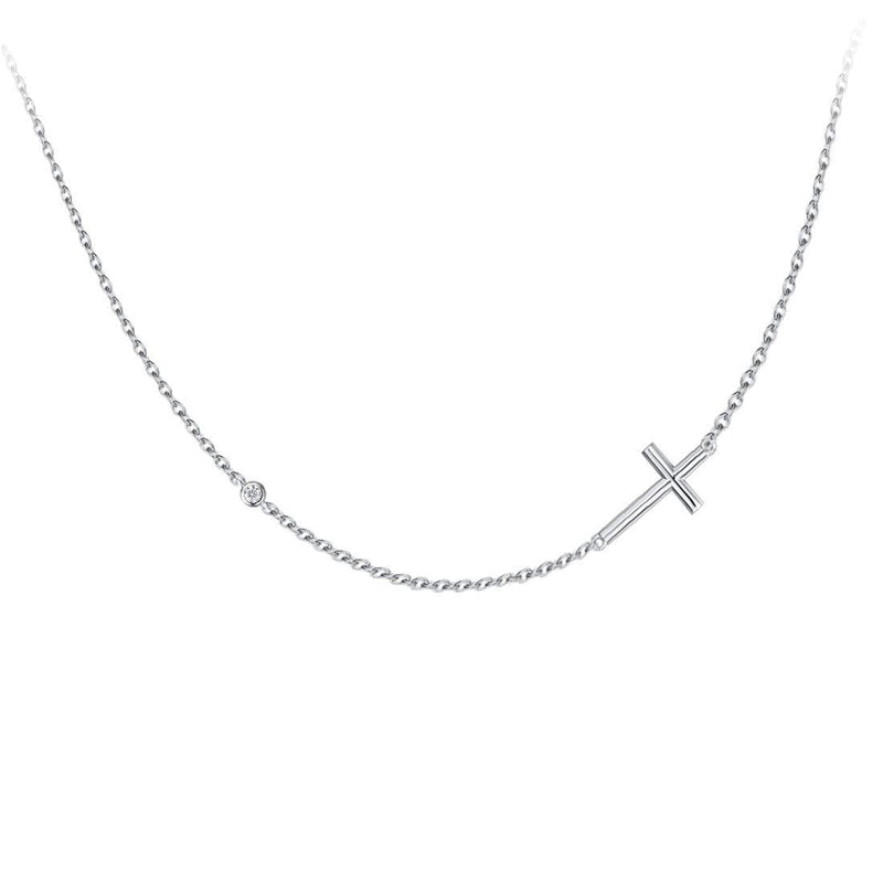 [Australia] - FANCIME White Gold Plated 925 Sterling Silver High Polished Horizontal Plain Sideways Cross Crucifix Pendant Necklace Fine Jewelry For Women Girls, 16" + 2" Silver with CZ 