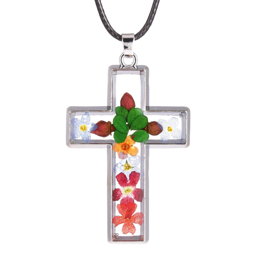 [Australia] - FM FM42 Multi-Colored Pressed Flower Cross Pendant Necklace with 19" Chain, 2 Styles Multicolor 