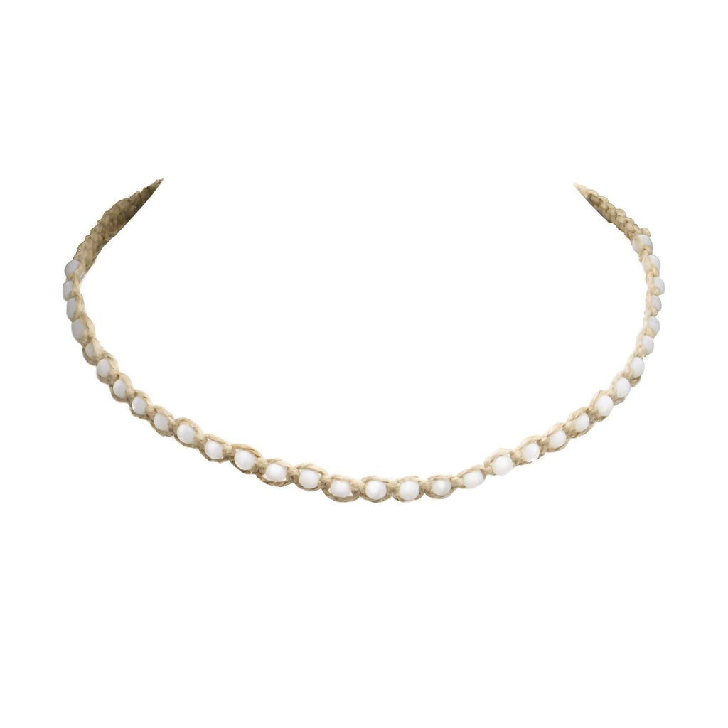 [Australia] - BlueRica Hemp Cord Macrame Choker Necklace with Cat's Eye (White) 