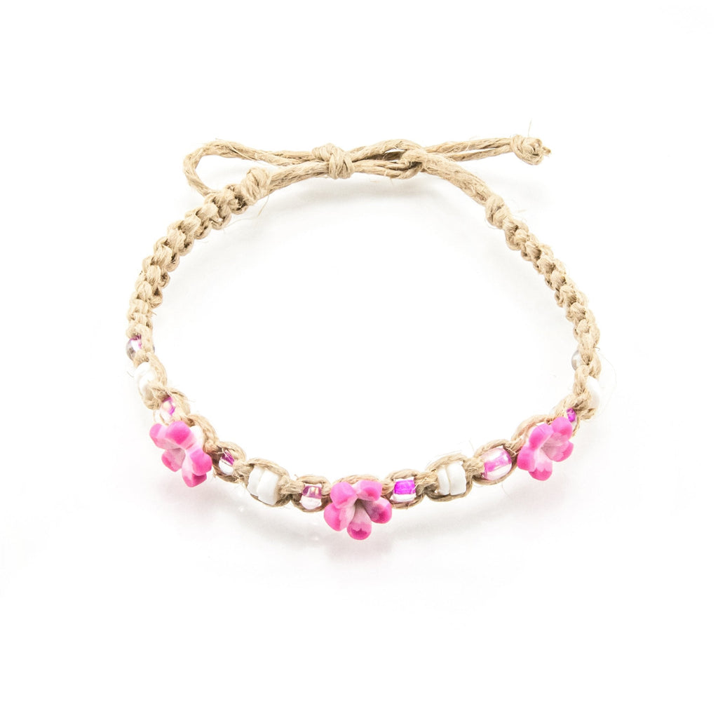 [Australia] - BlueRica Hemp Anklet Bracelet with Puka Shells & Pink Flower Beads 