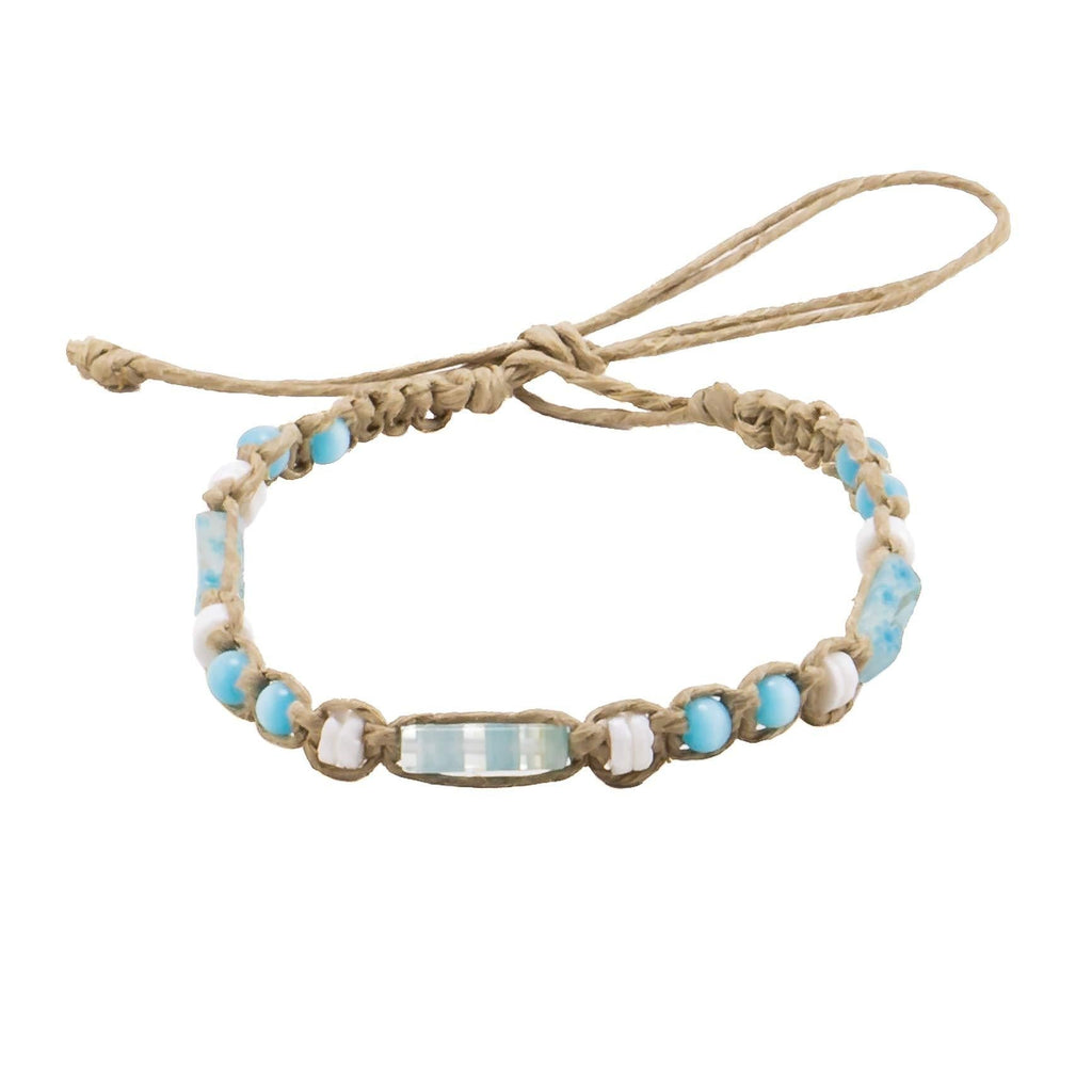 [Australia] - BlueRica Hemp Anklet Bracelet with Puka Shell Beads, Blue Cat's Eye Beads & Glass Tubes 