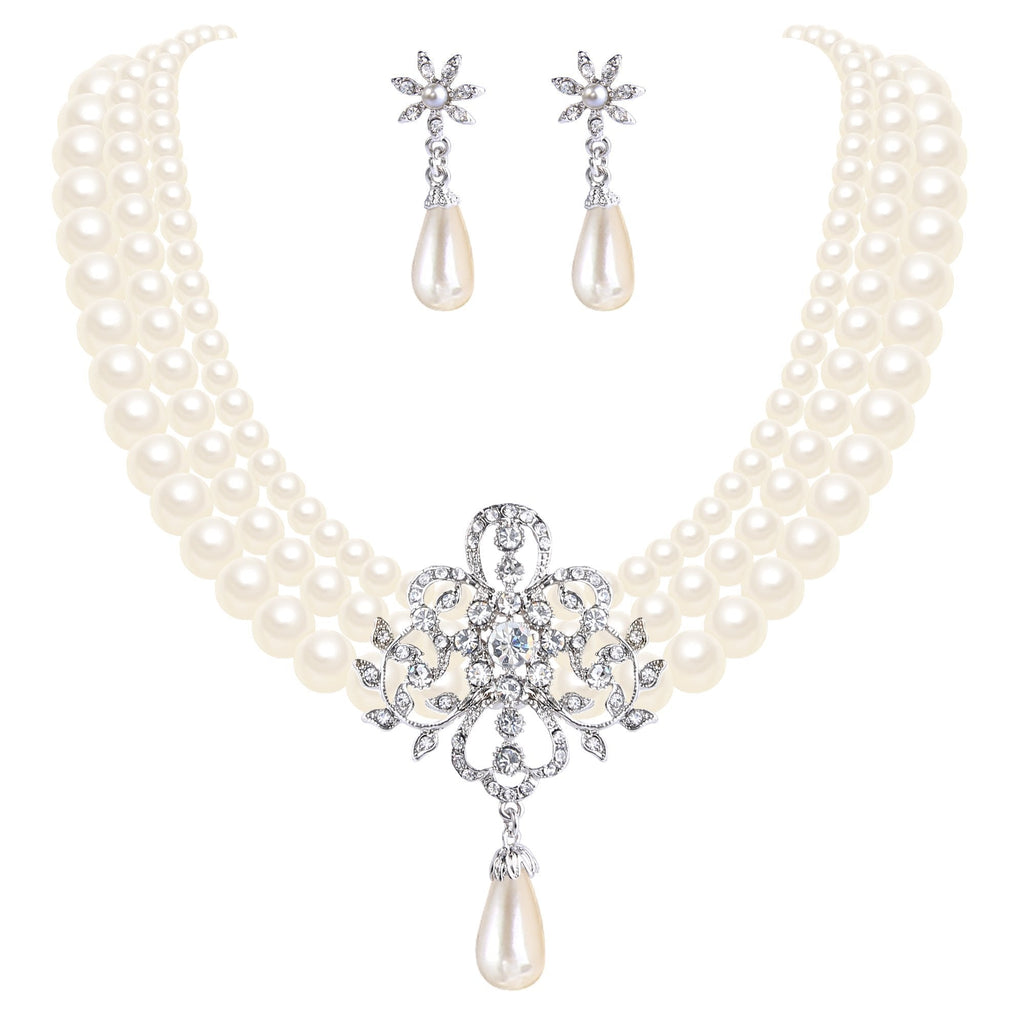 [Australia] - EleQueen Women's Silver-Tone Ivory Simulated Pearls Crystal Victorian Style Statement Necklace Earrings Bridal Wedding Sets Necklace Earrings Set_ 