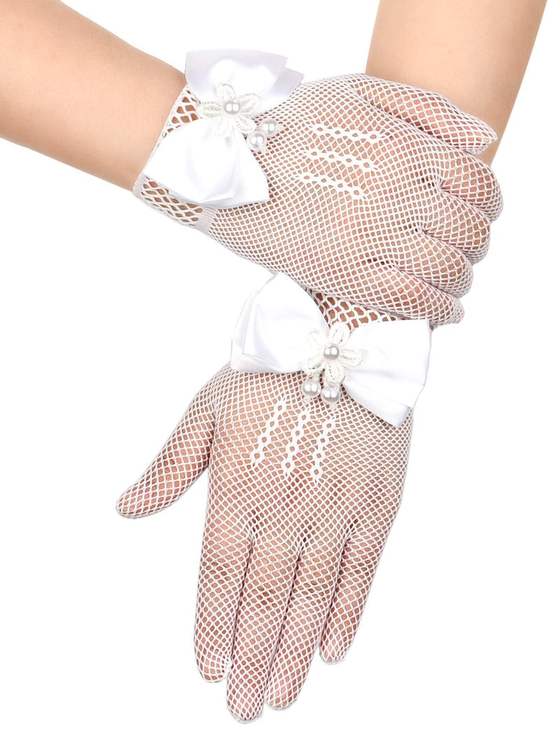 [Australia] - Chuangdi Flower Girl Gloves Short Princess Gloves Bow Tie Gloves Women Faux Pearl Gloves for Wedding Party First Communion (Lace Type, White) 