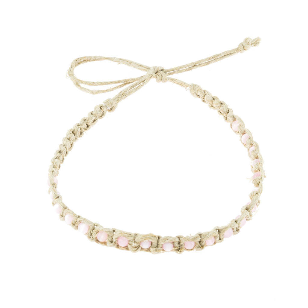 [Australia] - BlueRica Braided Hemp Anklet Bracelet with Pink Cat's Eye Beads 