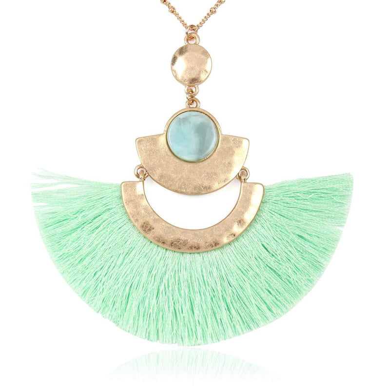 [Australia] - RIAH FASHION Bohemian Fan Tassel Pendant Statement Necklace - Silky Thread Strand Fringe Semi Circle Marquise Charm Long Chain Fan Tassel - Mint 