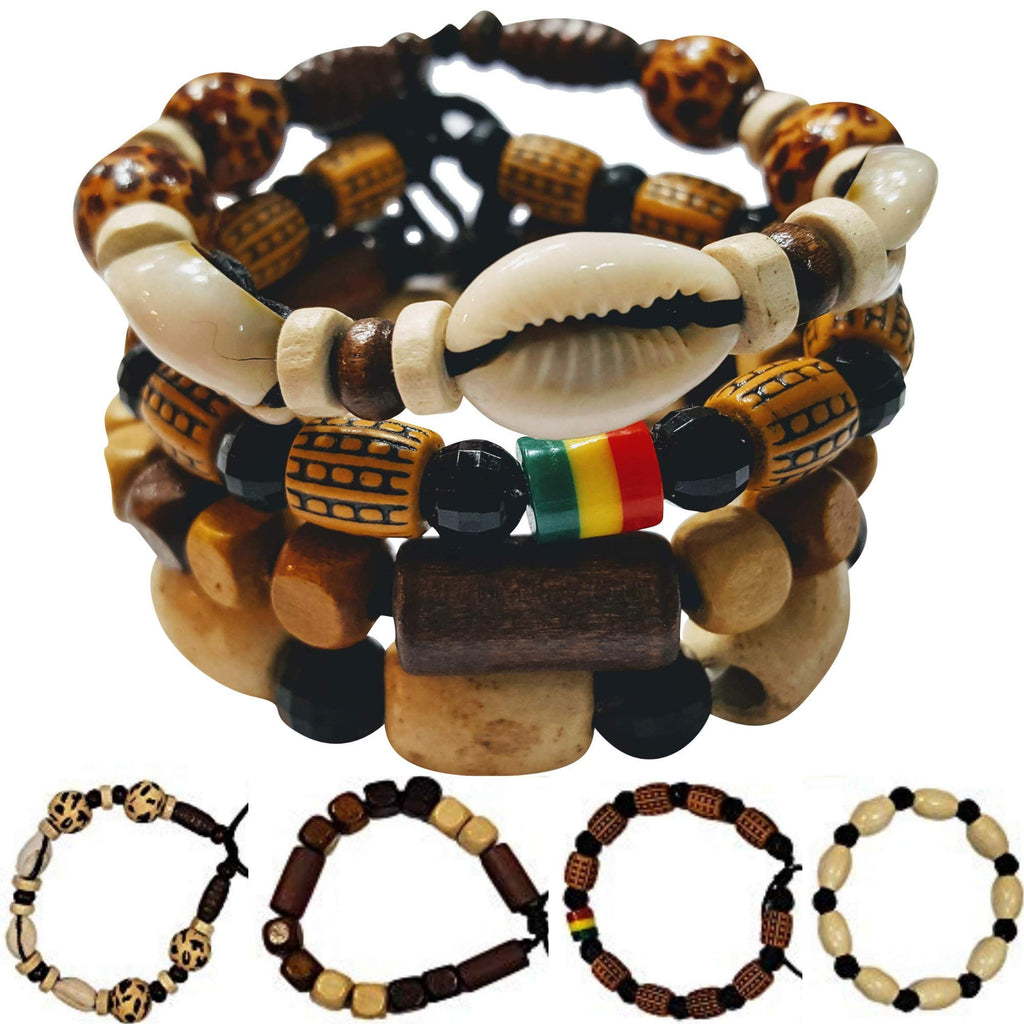 [Australia] - NOVARENA 1-24 Pcs Adjustable Length African Bracelets and Necklaces for Men Women Beaded Bracelets Multi Layer Ethnic Tribal Traditional 4 Pcs Bracelets Set - Style A 