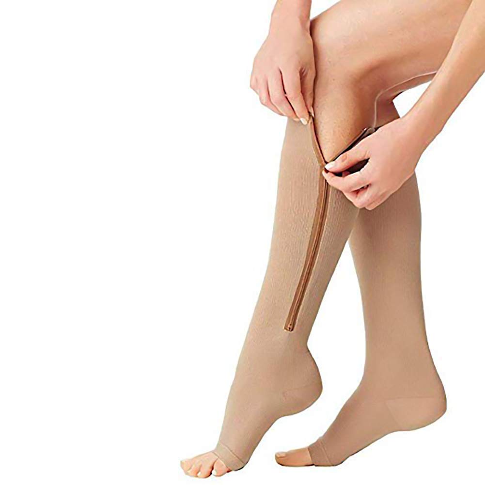 [Australia] - Compression Socks Stretchy Zipper Leg Support Open Toe Knee Stockings Unisex (3 Pairs)(XXL) XX-Large Skin 