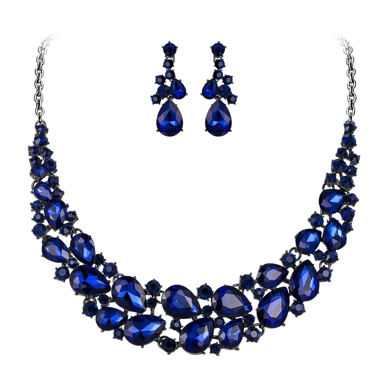 [Australia] - BriLove Women's Wedding Bridal Austrian Crystal Multi Teardrop Cluster Statement Necklace Dangle Earrings Set Navy Blue Black-Tone 