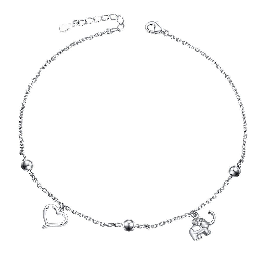 [Australia] - Sterling Silver Anklets Dainty Boho Beach Cute Foot Ankle Bracelet Adjustable Bead Heart Anklet for Women Girlfriend Elephant Bead Anklet 