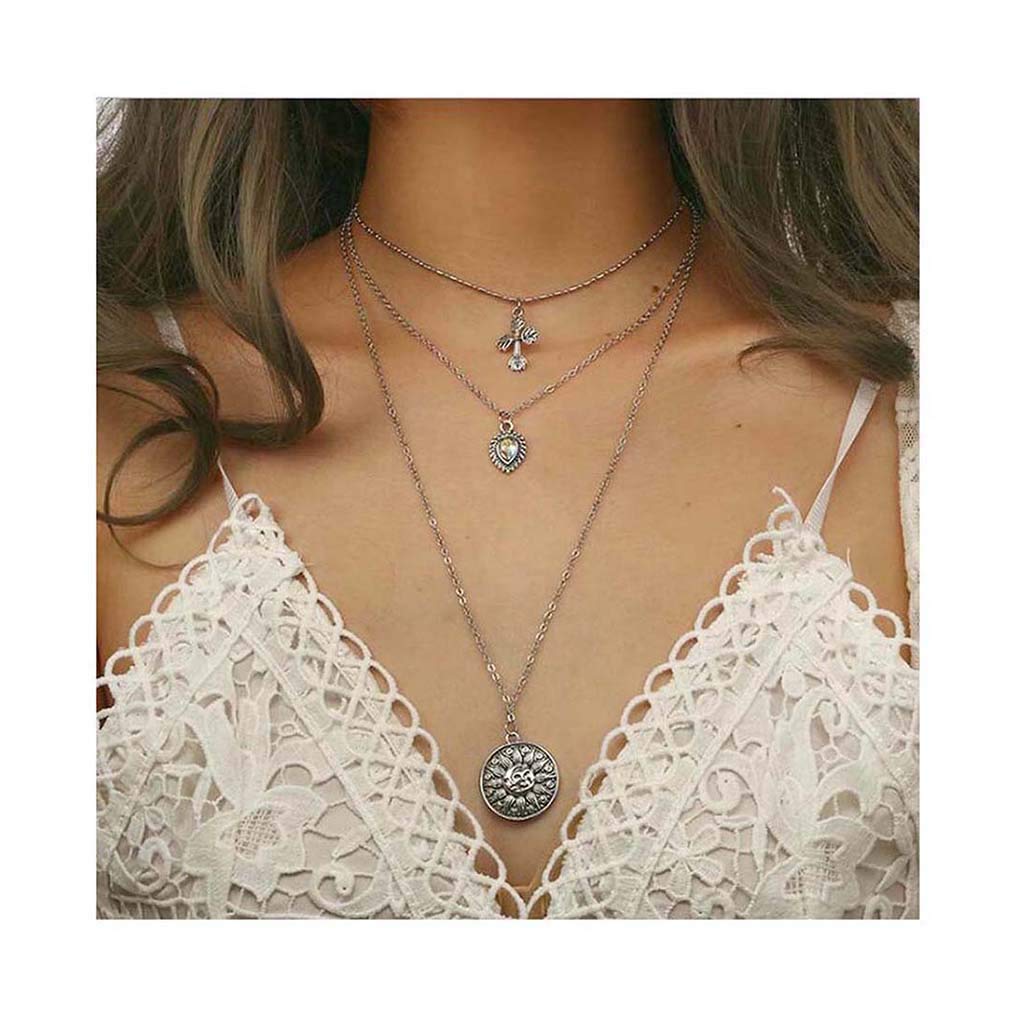 [Australia] - Yalice Silver Layered Coin Necklace Chain Cross Choker Necklaces Water Drop Jewelry for Women and Girls 