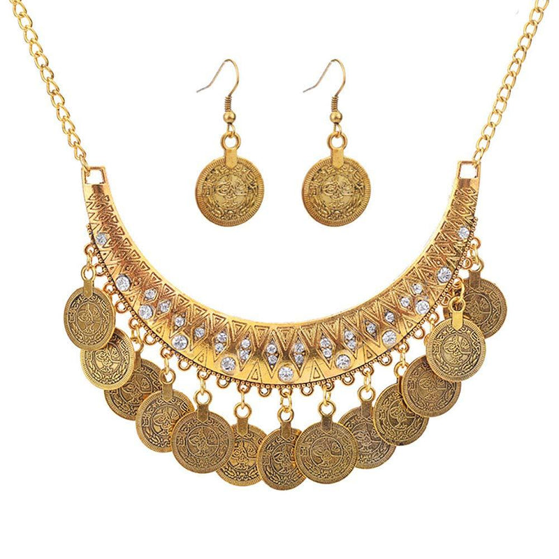 [Australia] - MIXIA Dancing Gypsy Jewelry Ethnic Coin Bib Necklace Drop Earring 2 Pcs Jewelry Set Women Exotic Bohemian Accessories Antique gold 