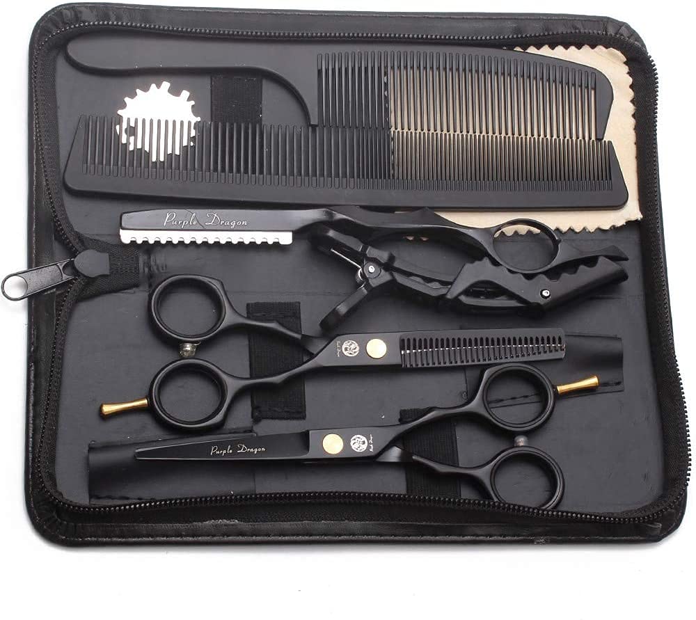 [Australia] - 5.5 inch Purple Hair Cutting Scissors Set with Razor, Leather Scissors Case, Barber Hair Cutting Shears Hair Thinning/Texturizing Shears for Professional Hairdresser or Home Use (Black) Black 