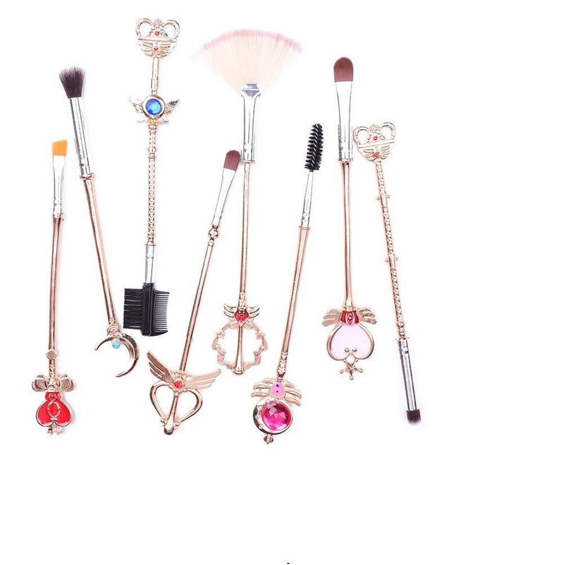 [Australia] - 8pcs Sailor Moon Gold Makeup Brush Set With Pink Pouch,Magical Girl Cute Cosmetic Makeup Brushes For Eyebrow Face Powder Foundation Blending Blush Concealer With Cute Pink Bag 