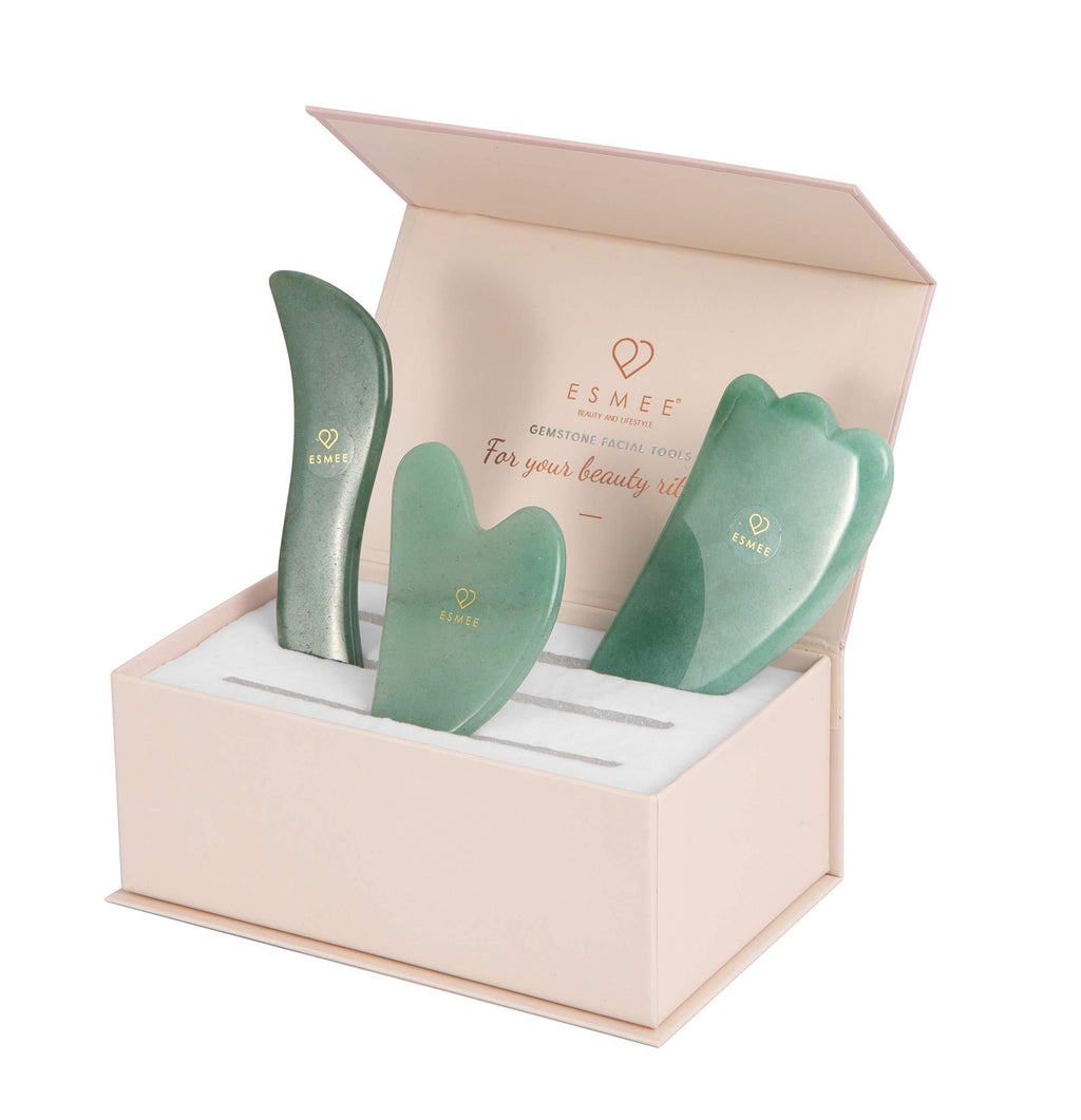 [Australia] - Jade Gua Sha Facial Tool Set by Esmee 3 in 1 Premium Guasha Kit Real Indian Jade Anti-aging Beauty Therapy for Massage and Skin Rejuvenation 