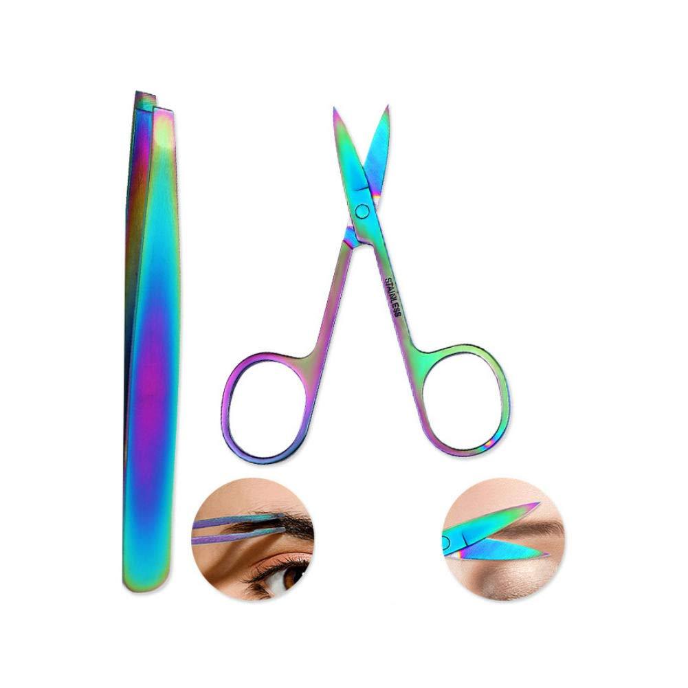 [Australia] - AKOAK 2 Pieces Rainbow Stainless Steel Slant Tip Eyebrow Tweezer and Eyebrow Scissor Facial Hair Removal Makeup Tool 