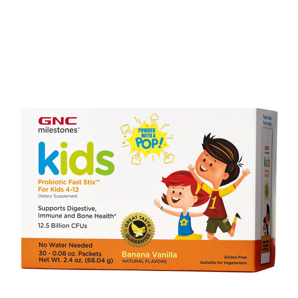 [Australia] - GNC Milestones Kids Probiotic Fast Stix for Kids 4-12 - Banana Vanilla, 30 Packets, Supports Digestive Health with 12.5 Billion CFUs 