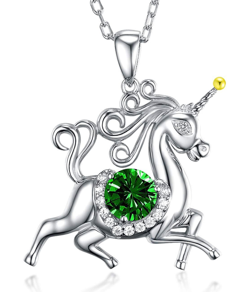 [Australia] - Birthday Gifts for Daughter Green Emerald Jewelry Unicorn Necklace for Teen Girls Granddaughter Sterling Silver Animal Necklace Unicorn Green Emerald Necklace 