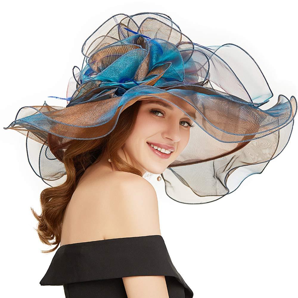 [Australia] - F FADVES Women Oganza Sun Hat Church Kentucky Derby Wide Brim Wedding Formal Fascinator Hat Blue & Coffee 
