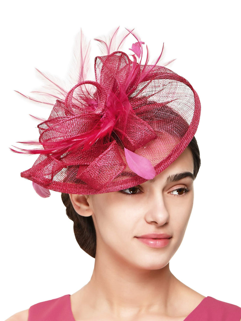 [Australia] - Zivyes Women Fascinator Headband Sinamay Base Rose Flower Feather Church Derby Hat with Hair Clip 1-plum 